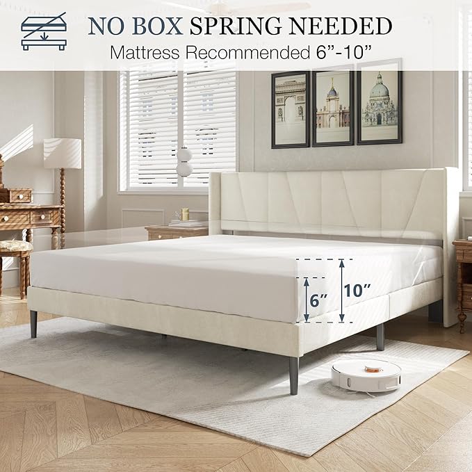 HAOARA Queen Size Bed Frame with Headboard, Velvet Upholstered Platform Bed Frames, Contemporary Mattress Foundation, Noise Free, No Box Spring Needed, Easy Assembly, Beige