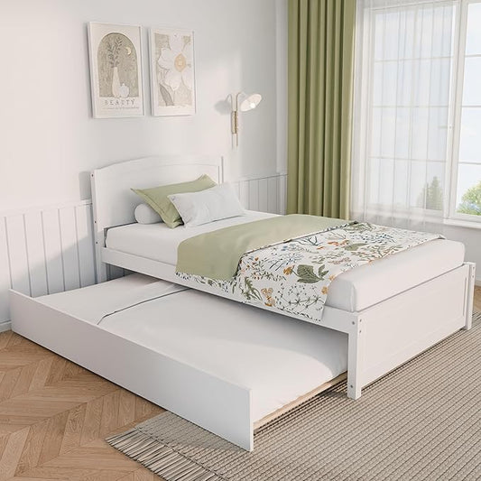 Xilingol Trundle Bed Twin, Solid Wood Bed Frames with Headboard and Wooden Slats Support, Twin Trundle Bed Frame Roll Out, Single Box (No Box Spring Needed), White