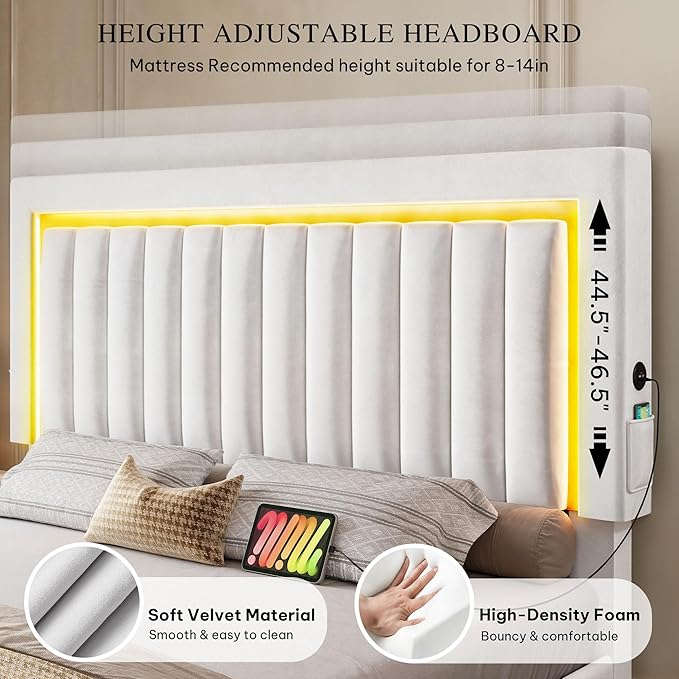 YITAHOME King Size Bed Frame with Velvet Vertical Tufted Upholstered Adjustable Headboard, 4 Storage Drawers, RGB LED Lights and USB Ports, No Box Spring Needed, Fast Assembly, Noise-Free, White