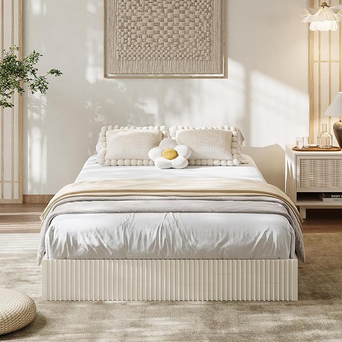 Garvee Twin Bed Frame, Wood Platform Bed with Fluted Design, Low Profile BedFrame, Minimalist Bed Base with Noise-Free, Easy Assembly, No Box Spring Needed, Cream
