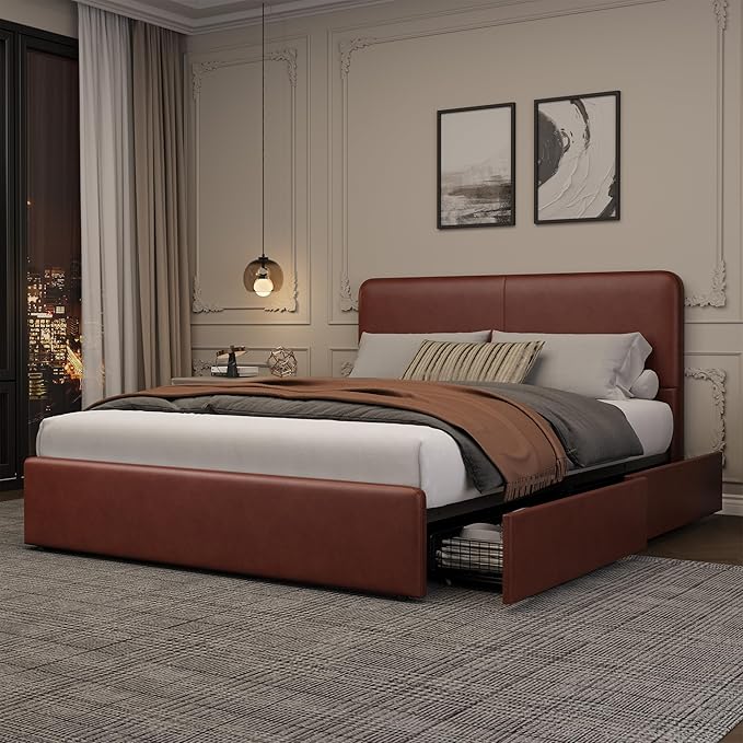 GarveeHome Modern Upholstered Platform Bed Frame with Headboard and Storage Drawers – PU Brown Leather, Sturdy Wood Slat Support, Noise-Free, No Box Spring Needed, Easy Assembly – Full Size, PU Brown