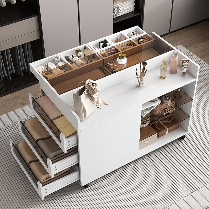 Movable Storage Cabinet Island, 43.3" Multi-Functional Island with 3 Side Drawer, a Reversible Top Storage Space and Two Glass Display Shelves, Vanity Table