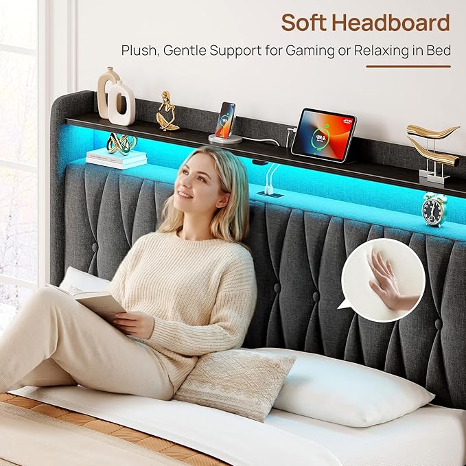 Rolanstar Queen Bed Frame with Drawers, Storage Headboard with Charging Station and LED Lights, Upholstered Bed with Heavy Duty Wood Slats, No Box Spring Needed, Noise Free, Easy Assembly, Dark Grey