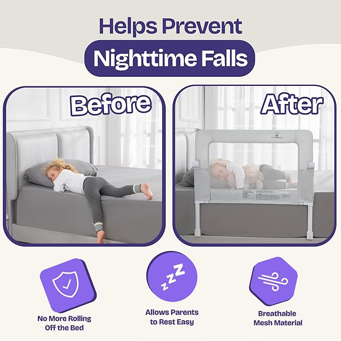 ComfyBumpy Premium Adjustable Bed Rail for Toddlers, Swing-Down Safety Guard, Height Adjusts 24.4"–32.3" H, 35.5" Regular Length, Sturdy Steel & Breathable Mesh, for Twin, Full & Queen, Gray, 1-Pack