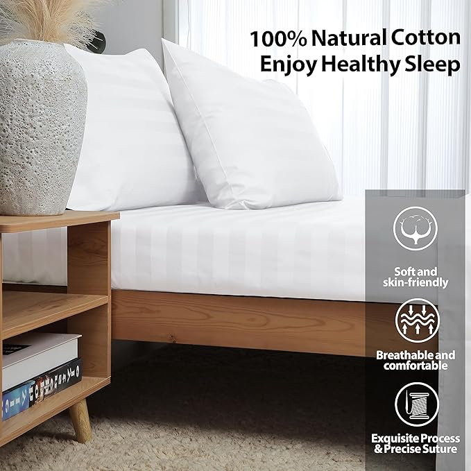 2-Pack Pure Cotton Fitted Sheet Twin Size, 600 Thread Count 16" Deep Pocket Egyptian Cotton Fitted Sheet (2pcs, Twin, Stripted White)