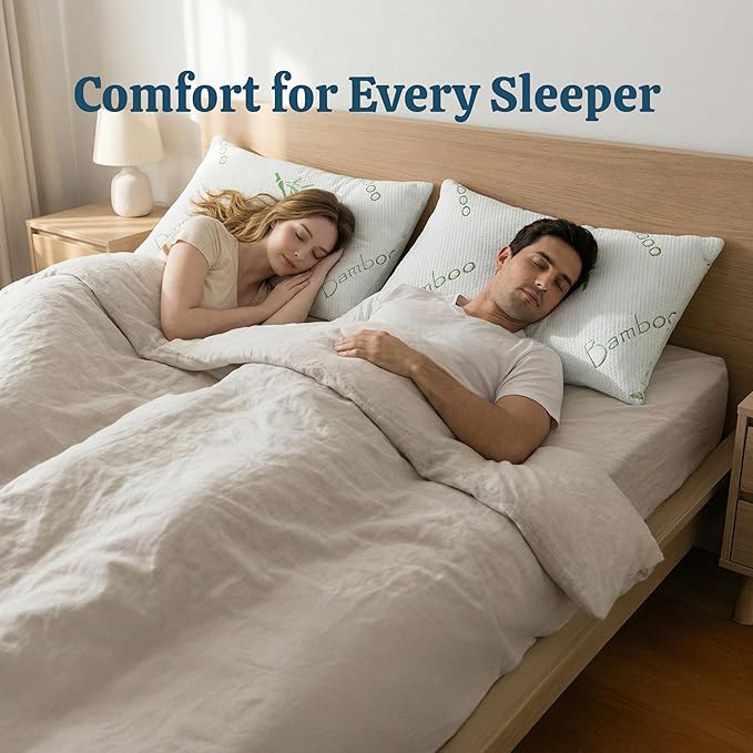 OMEO 2 Pack Queen Size Rayon Derived from Bamboo Pillow for Sleeping Shredded Memory Foam Bed Pillows for Side, Back and Stomach Sleepers, Soft, Cooling, Adjustable and Washable Cover 20" x 30"