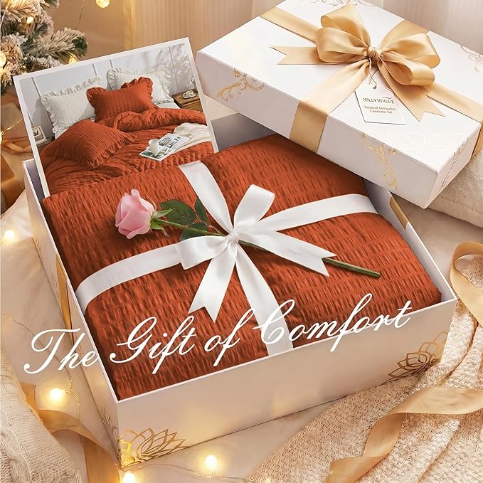 JOLLYVOGUE King Comforter Set, 3 Pieces Seersucker Comforters King Size, Lightweight & Fluffy Bedding Sets King for All Season with 1 Ruffle Comforter and 2 Ruffle Pillowshams, Burnt Orange