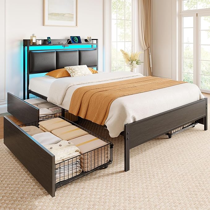 Rolanstar Bed Frame Twin Size with Charging Station and LED Lights, Upholstered Storage Headboard with Drawers, Heavy Duty Metal Slats, No Box Spring Needed, Easy Assembly, Black