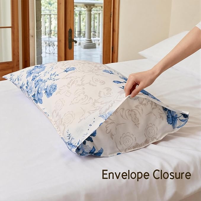CHUFFED 100% French Linen Pillow Cases Porcelain Bloom Print, Farmhouse Floral Stone Washed Pillow Shams with Envelope Closure Soft Breathable Vintage Pillow Covers for Decor,20x30 inches