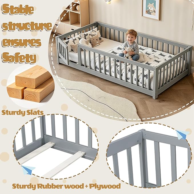 Bellemave Montessori Twin Floor Bed Frame with Fence and Removable Door, Low Profile Twin Size Montessori Bed Frame for Kids, Solid Wooden Floor Beds for Bedroom,Nursery, Grey