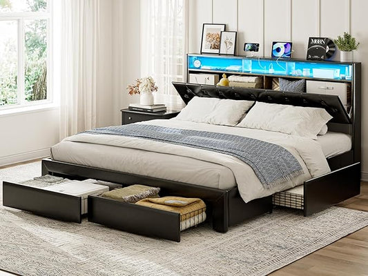 California King Bed Frames with 4 Drawers and Hidden Storage Headboard, Upholstered Cal King Platform Bed with LED Lights, Type-C Charging Station, No Box Spring Needed, No Noise, Black