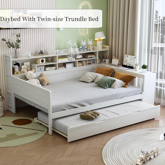 Merax Full Size Corner Bed Frames with Desk and Trundle & Storage Shelves Headboard, Pinewood U-Shaped Captain Daybed, Full Corner Bed Frames for Small Room, Bedroom, Guest Room, Kids' Room, White