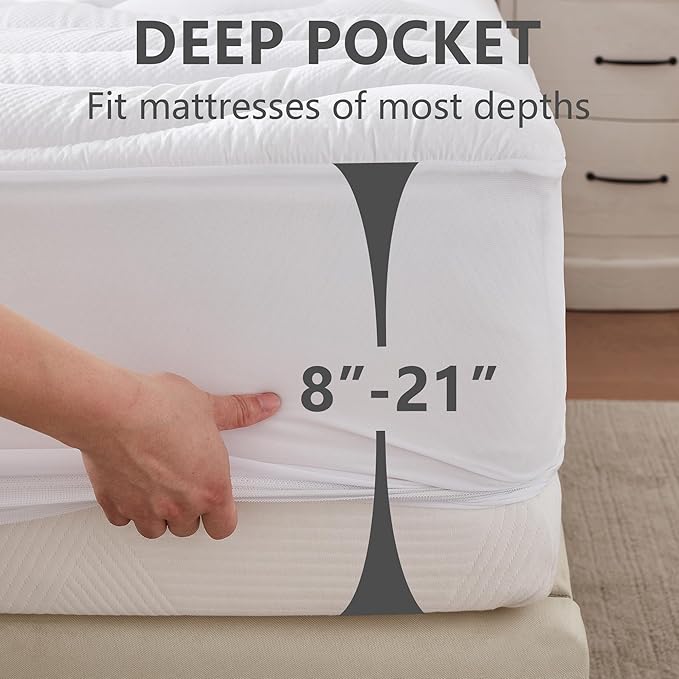 ELVEN HOME King Size Mattress Pad Waterproof, Cooling Mattress Topper Noiseless, Leak Proof Mattress Protector Deep Pocket Washable, Quilted Fitted Soft King Mattress Pad Cover (78x80 inch, White)