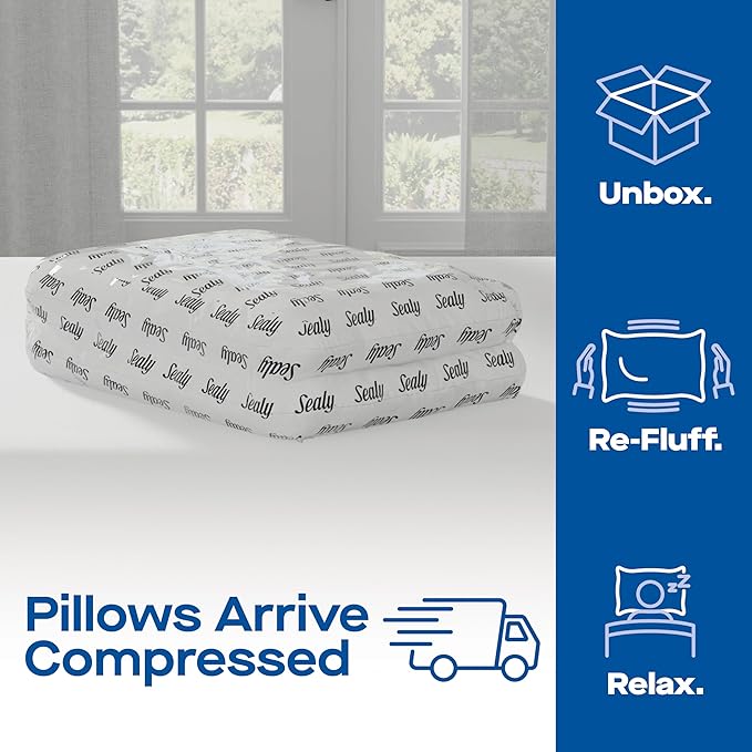 SEALY Slumber Bed Pillow Soft, Breathable, 100% Cotton Cover, Temperature Balancing, Moisture Wicking, Hypoallergenic EverFluff Fiberfill, Machine Washable, King Size Pillow, White- 2 Pack