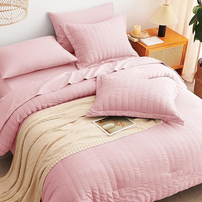 CozyLux Queen Comforter Set Pink Seersucker 7 Pieces Bed in a Bag Queen Comforter Set with Sheets, Luxury Soft Bedding Set with Down Alternative Comforter, Sheets, Pillowcases & Shams for All Seasons