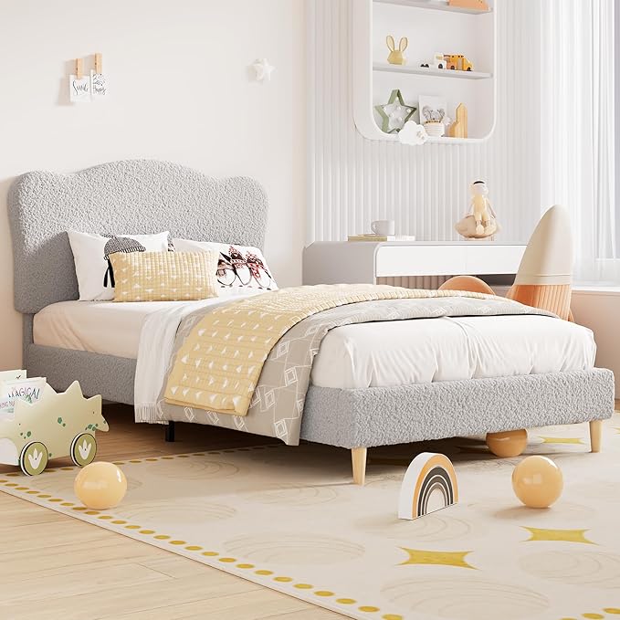 GarveeHome Upholstered Twin Size Bed Frame for Kids with Scallop Headboard, Cute Velvet Twin Bed for Girls, Boys, Sturdy Platform Bed, No Box Spring Needed, Wooden Slats, Noise Free, Light Grey