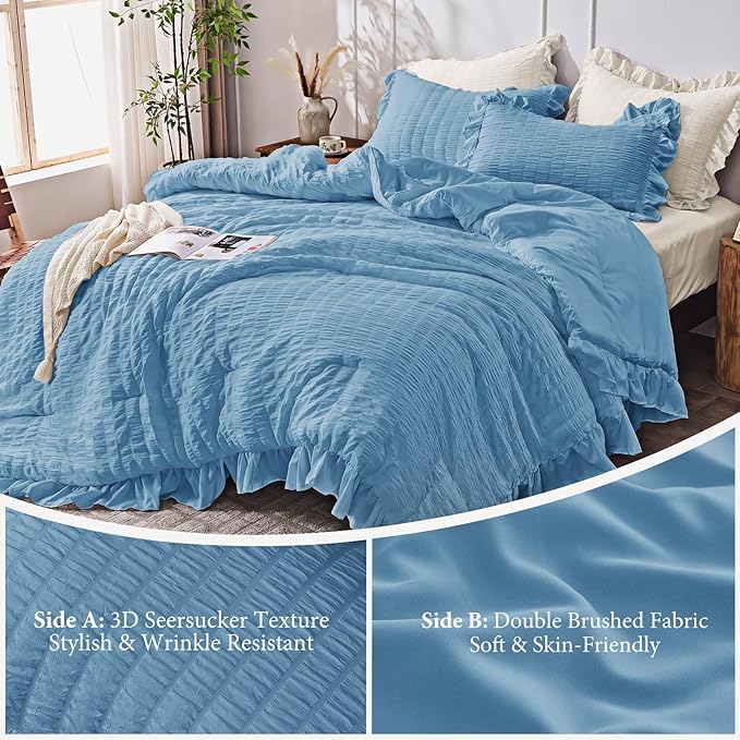 JOLLYVOGUE Queen Comforter Set, 3 Pieces Sea Blue Seersucker Comforters Queen Size, Lightweight & Fluffy Bedding Sets for All Season with 1 Ruffle Comforter and 2 Ruffle Pillowshams
