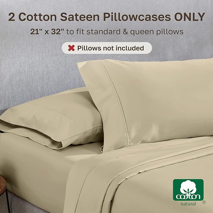 California Design Den Standard/Queen Size Pillowcase Set - 400 Thread Count Pillowcases, 100% Cotton Sateen, Set of 2 Pillow Covers, Soft and Breathable - Beige (Golden Tone)