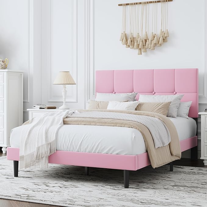 Queen Bed Frame, Velvet-Upholstered Platform Bed Frame with Tufted Button Headboard, Sturdy Slatted Mattress Base, No Spring Mattress Required, Easy to Assemble, Pink