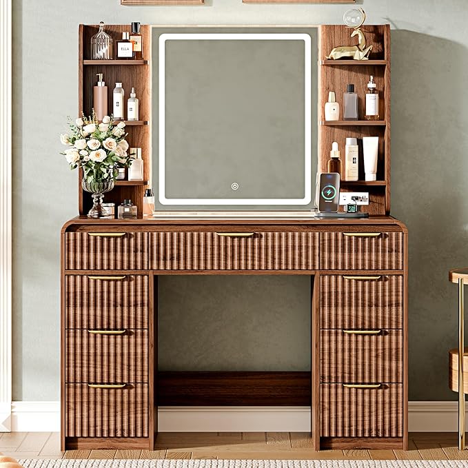 43" Makeup Vanity Desk with Mirror and Lights&Power Outl, 3 Adjustable Light Color,Glass Top Big Vanity Table with 9 Drawers & 6 Shelves,Girls Vanity for Bedroom, Tan
