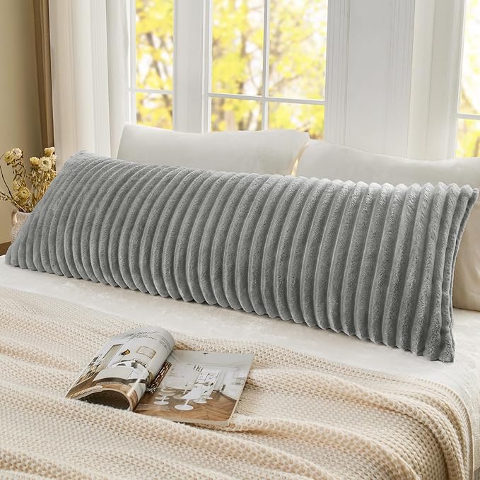 BEDELITE Fluffy Faux Fur Body Pillow Cover with Zipper, Luxury Plush 3D Striped Pillow Cover 20x54 Inches, Super Soft and Cozy Long Body Pillow Pillowcase for Bed Sofa Couch Room Decor(Light Grey)