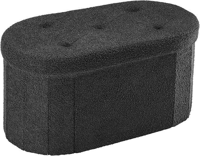DUMOS Folding Storage Ottoman Bench, Oval Round Ottoman End of Bed Foot Rest Bench Stool with Cushion, Storage Chest for Bedroom, Living Room, Entryway, Dorm, Teddy Fabric, Black