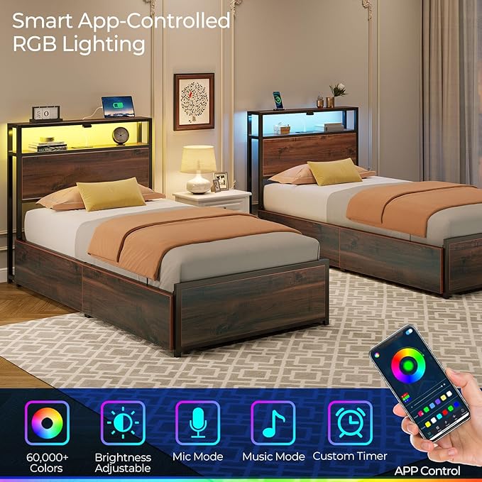 Rolanstar Twin Bed Frame with 4 Storage Drawers & 2-Tier Storage Headboard, Metal Platform Bed Frame with Charging Station & LED Lights, Noise-Free, No Box Spring Needed, Easy Assembly, Espresso