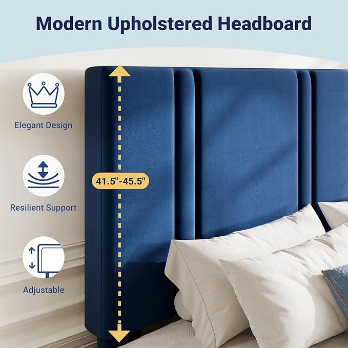 Allewie Full Size Platform Bed Frame with Adjustable Headboard, Plush Velvet Upholstered, Vertical Channel Tufted, Sturdy Wooden Slats, No Box Spring Needed, Easy Assembly, Blue