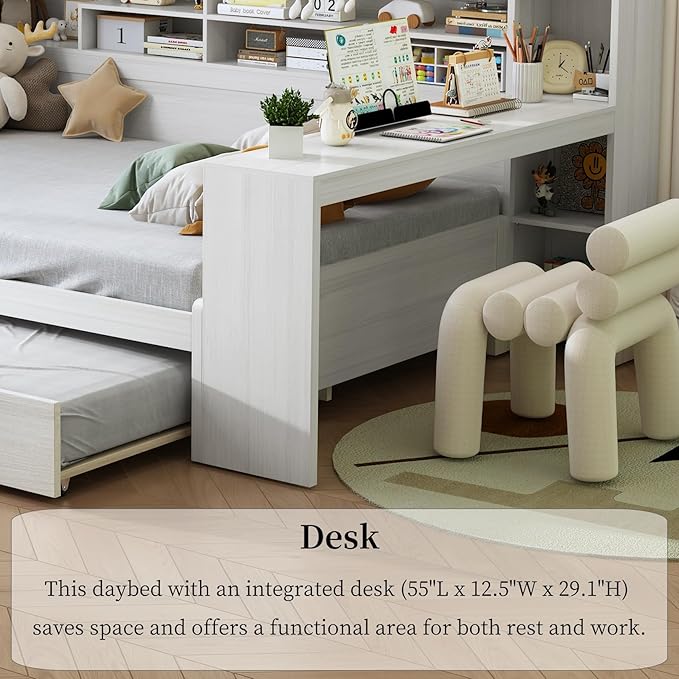 Merax Full Size Corner Bed Frames with Desk and Trundle & Storage Shelves Headboard, Pinewood U-Shaped Captain Daybed, Full Corner Bed Frames for Small Room, Bedroom, Guest Room, Kids' Room, White