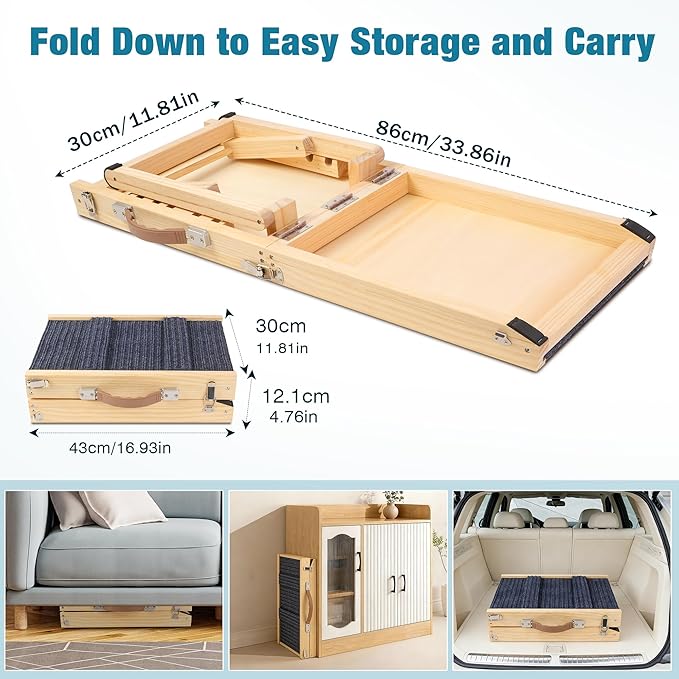 Dog Ramp for Bed, Adjustable Height 10" to 19.5" (5 Levels) Folding Ramp for Dogs to Get on Bed, Solid Wood Dog Ramps for Small Dogs Senior Dogs, Non-Slip Waterproof Easy Storage for Bed Couch