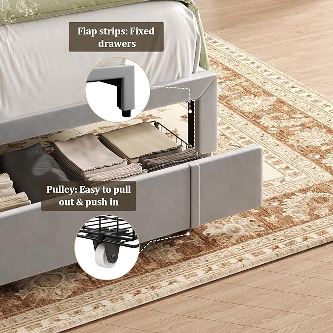 Full Bed Frame with Storage Drawers, Velvet Upholstered Platform Bed with 47" Tall Headboard and Wingboard, No Box Spring Needed, Noise Free, Easy Assembly, Wooden Support Slats, Light Grey