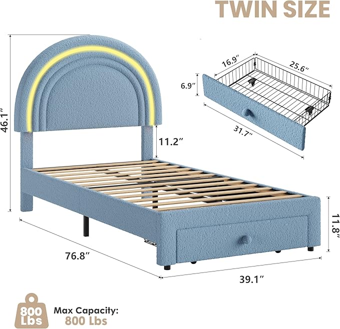 GarveeHome Twin Upholstered LED Bed Frame - with Storage Drawer and Rainbow Headboard, Berber Fleece Princess Platform Bed for Kids, Solid Wood Slats Support, No Box Spring Needed, Easy Assembly, Blue