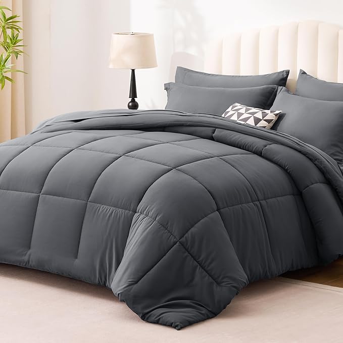 Love's cabin King Size Comforter Set Soot Grey, 7 Pieces King Bed in a Bag, All Season Bedding Sets with 1 Comforter, 1 Flat Sheet, 1 Fitted Sheet, 2 Pillowcase and 2 Pillow Sham | Soft, Breathable, Lightweight, Comfortable