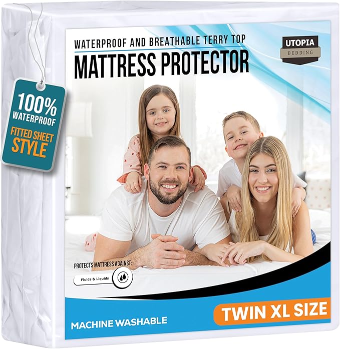 Twin XL Size Mattress Protector Waterproof, Premium 200 GSM Terry Mattress Cover, Soft & Breathable Bed Cover, Fitted Sheet Style Stretchable Deep Pockets 15" by Utopia Bedding (White)
