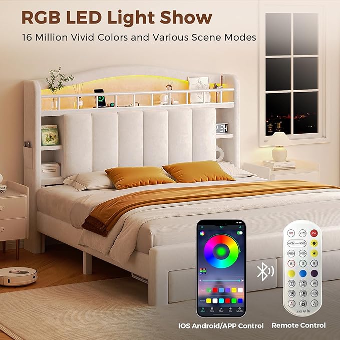 Queen Size Bed Frame with LED Storage Headboard & 2 Storage Drawers, Velvet Upholstered Bed with Vertical Tufted Headboard Design, USB & Type-C Charging Ports, Wooden Slats Support, Noise-Free, Beige