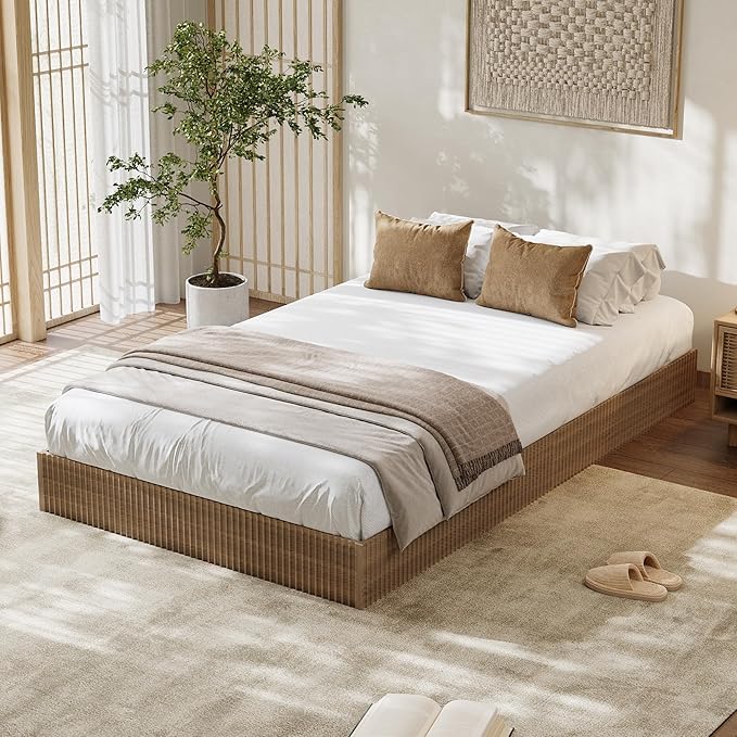 Garvee Twin XL Bed Frame, Wood Platform Bed with Fluted Design, Low Profile BedFrame, Minimalist Bed Base with Noise-Free, Easy Assembly, No Box Spring Needed, Walnut