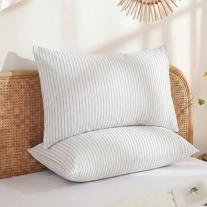 Merryword Black Striped Pillowcases, 100% Cotton Pillow Cases, Queen Size Pillowcases, Luxury Linen Like Pillowcase, Soft Breathable Pinstripe Pillow Covers, Set of 2