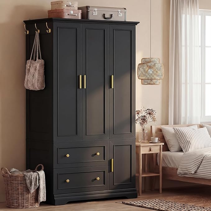 YESHOMY Armoire Wardrobe Closet with Drawers, 70.9" H x 21.1" D Wooden Closet with Hanging Rod, Fixed Shelves & Bottom Cabinet, Soft-Close Doors, Ball-Bearing Slides (Black)