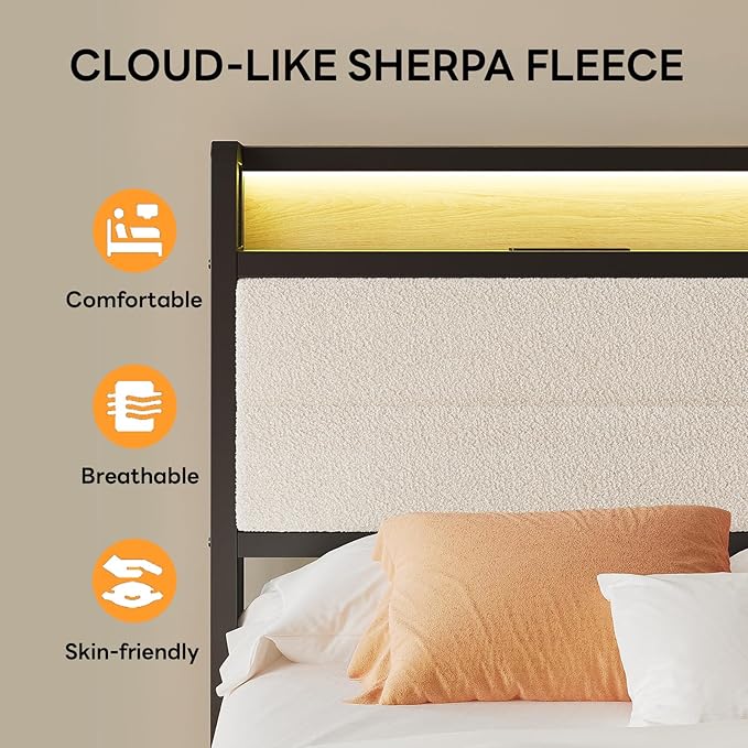 LIKIMIO Twin XL Bed Frame with Storage Headboard and LED Lights, Metal Platform Bed with Charging Station, Noise Free, No Box Spring Needed, Under Bed Storage, Natural and Cream