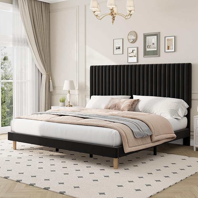 IDEALHOUSE King Bed Frame with Adjustable Headboard, Velvet Upholstered Platform King Size Bed Frame, Vertical Channel Tufted, Strong Wooden Slats, No Box Spring Needed, Easy Assembly, Black