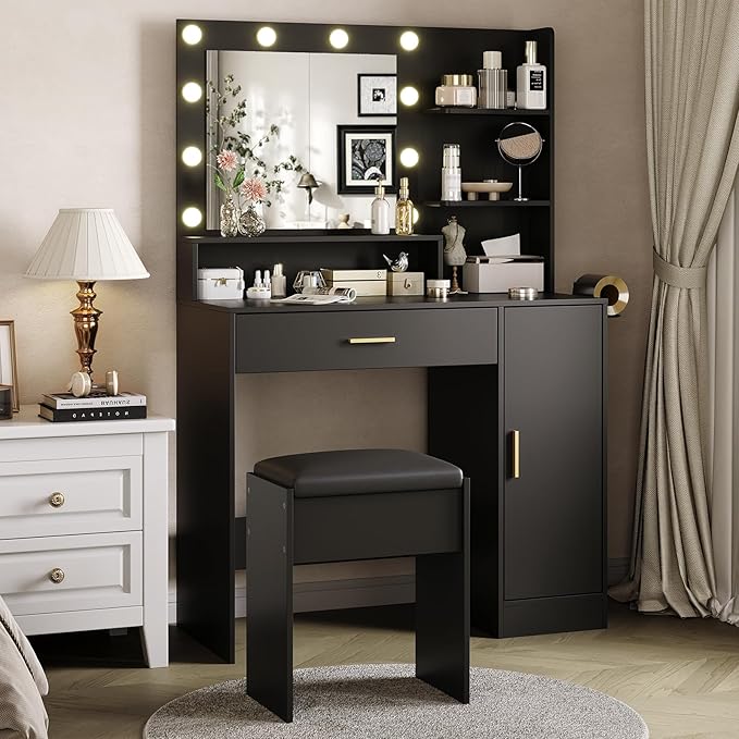 Garvee Vanity Desk with Mirror and Light, Makeup Dressing Table with Large Drawers and 3-Level Storage Dresser, 3 Lighting Modes Adjustable Brightness, Modern Vanity Set for Bedroom, Black