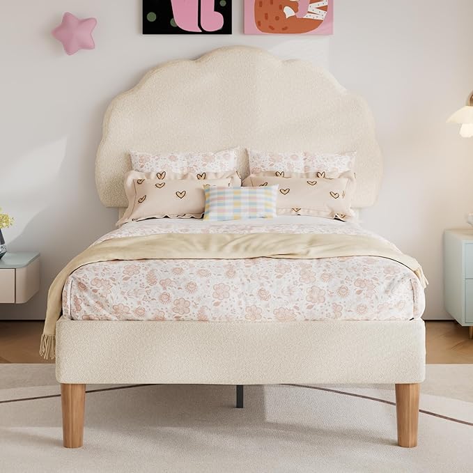 VECELO 2 Set Twin Size Bed Frame, Upholstered Platform Bedframe with Height Adjustable Plush Fabric Headboard, Strong Wood Slat Supports, No Box Spring Needed, Beige