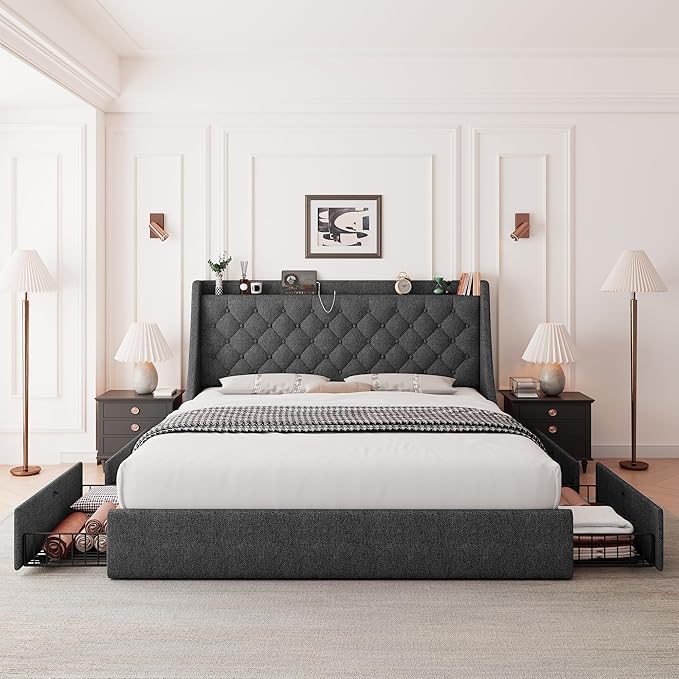 Feonase King Size Bed Frame with 4 Storage Drawers, Upholstered Storage Bed with Charging Station, Tufted Wingback Headboard, No Box Spring Needed, Dark Grey