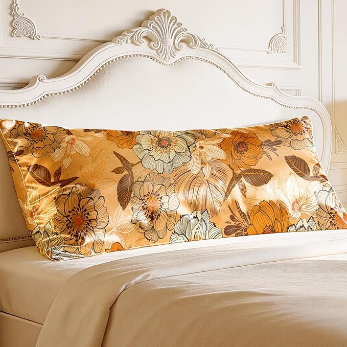 EXQ Home Satin Pillowcase for Hair and Skin - Printed Autumn Flowers Silk Body Pillowcase 20x54 inches - Body Pillow Cases with Envelope Closure, Gifts for Women Men