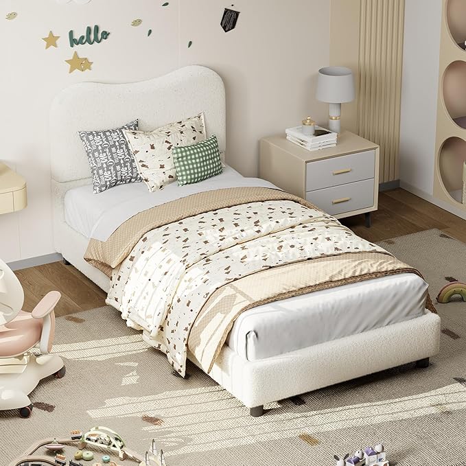 Boucle Twin Bed Frame for Kids with Upholstered Headboard, Low Profile Sturdy Platform Bed with Soft Boucle Fabric for Girls and Boys, Heavy Duty, Wooden Slats, Noise Free, No Box Spring Needed, Beige