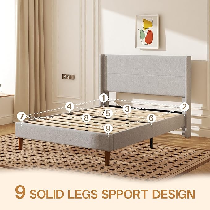 Full Size Bed Frame, Linen Upholstered Platform with Wingback Headboard, Wooden Slats Support, No Box Spring Needed, Easy Assembly, Lightgrey