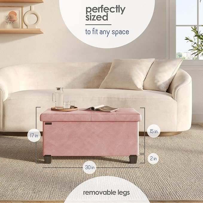 Storage Ottoman Bench with Bins, 30-in Storage Bench for Bedroom End of Bed, Folding Foot Rest Ottoman for Living Room Max 660lbs, Leather Ottomans, Pink
