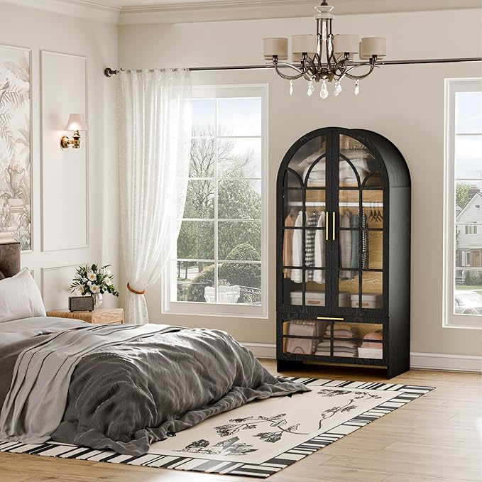 Armoire Wardrobe Closet with Drawer, 71”Tall Arched Wardrobe Cabinet with Hanging Rod&Glass Door – Wooden Freestanding Clothing Storage Cabinet Closet Organizer for Bedroom, Entryway or Dorm