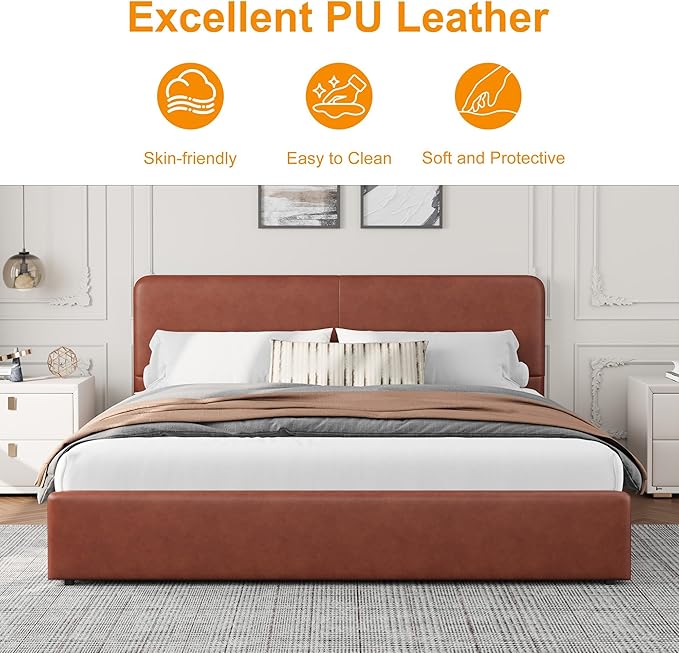 GarveeHome Modern Upholstered Platform Bed Frame with Headboard and Storage Drawers – PU Brown Faux Leather, Sturdy Wood Slats, Noise-Free, No Box Spring Needed, Easy Assembly – King Size, PU Brown