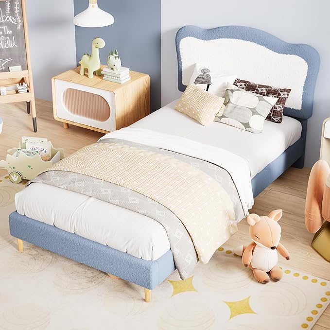 GarveeHome Upholstered Twin Bed Frame for Kids with Scallop Headboard, Cute Velvet Twin Bed for Girls, Boys, Sturdy Platform Bed, No Box Spring Needed, Wooden Slats, Noise Free, Blue White